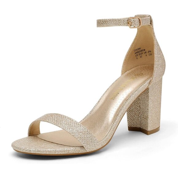 Women's Gold Glitter Chunk Low Heel Pump Sandals Classic Adjustable Buckle - Picture 1 of 6